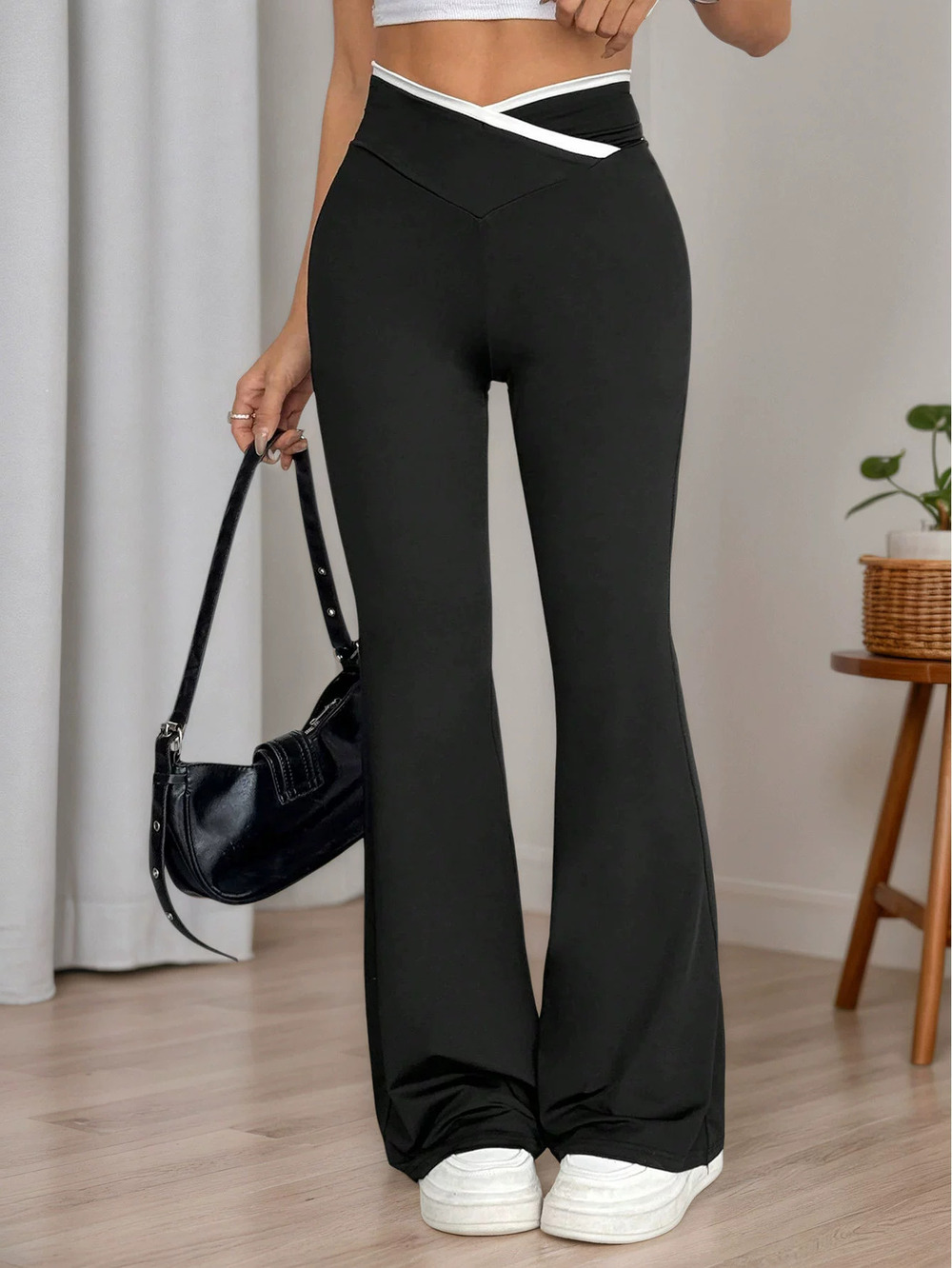 ZARA High Waist Cross Colorblock Knit Flared Pants Women Slimming Stretchy